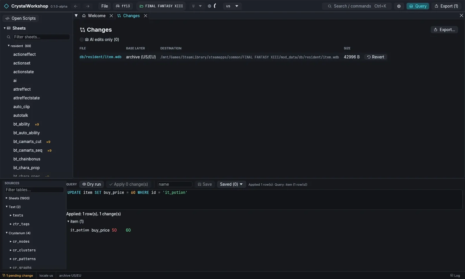 The Changes page with one changed sheet