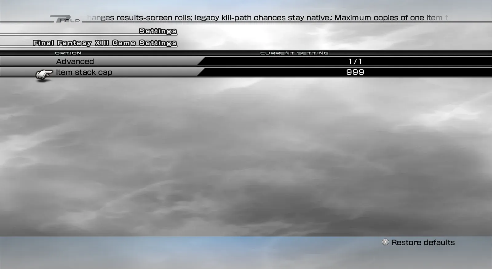 Advanced page with the item stack cap set to 999.