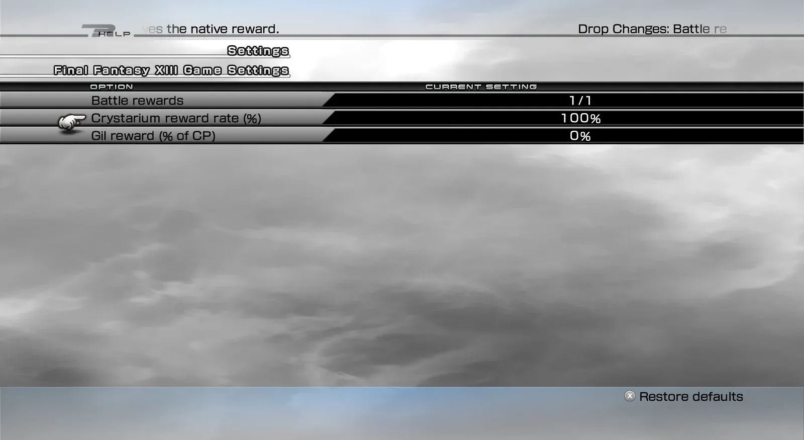 Battle rewards page with the Crystarium reward rate at 100% and a gil reward set as a percentage of CP.