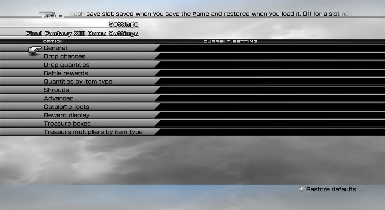 Final Fantasy XIII settings menu listing the Drop Changes categories: General, Drop chances, Drop quantities, Battle rewards, Quantities by item type, Shrouds, Advanced, Catalog effects, Reward display, Treasure boxes and Treasure multipliers by item type.