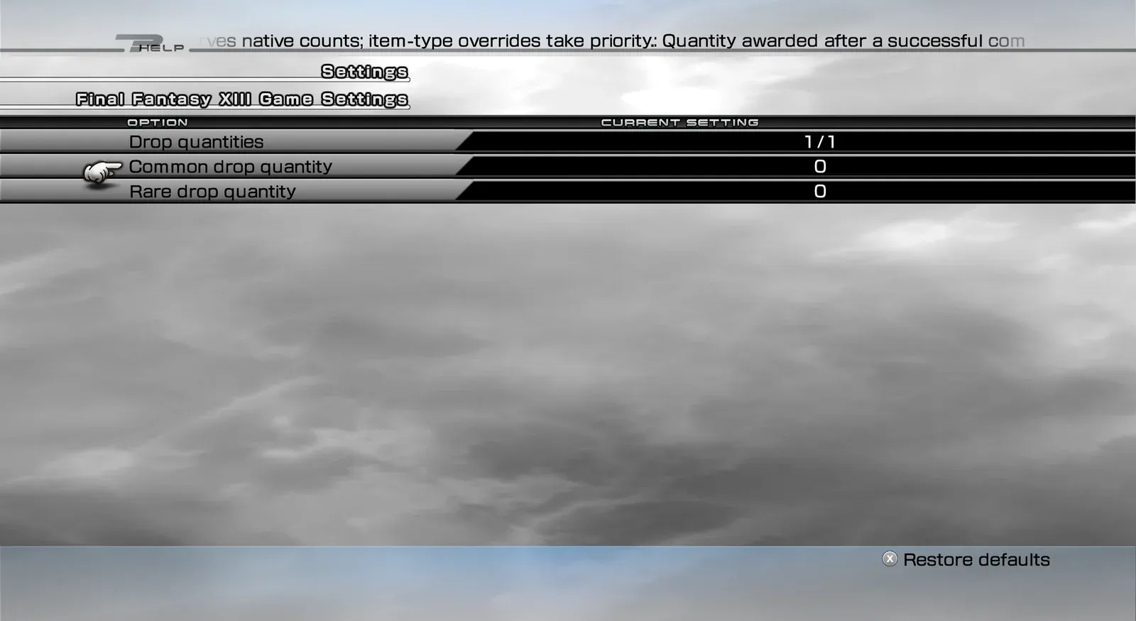 Drop quantities page with common and rare drop quantity both set to 0, which keeps the game’s own amounts.