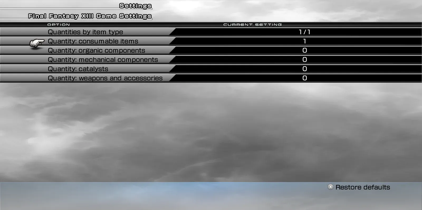 Quantities by item type page with separate quantity settings for consumable items, organic components, mechanical components, catalysts, and weapons and accessories.