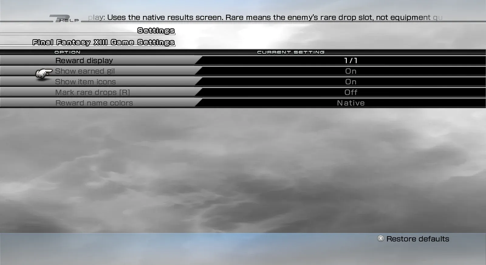 Reward display page with options to show earned gil, show item icons, mark rare drops and choose reward name colors.