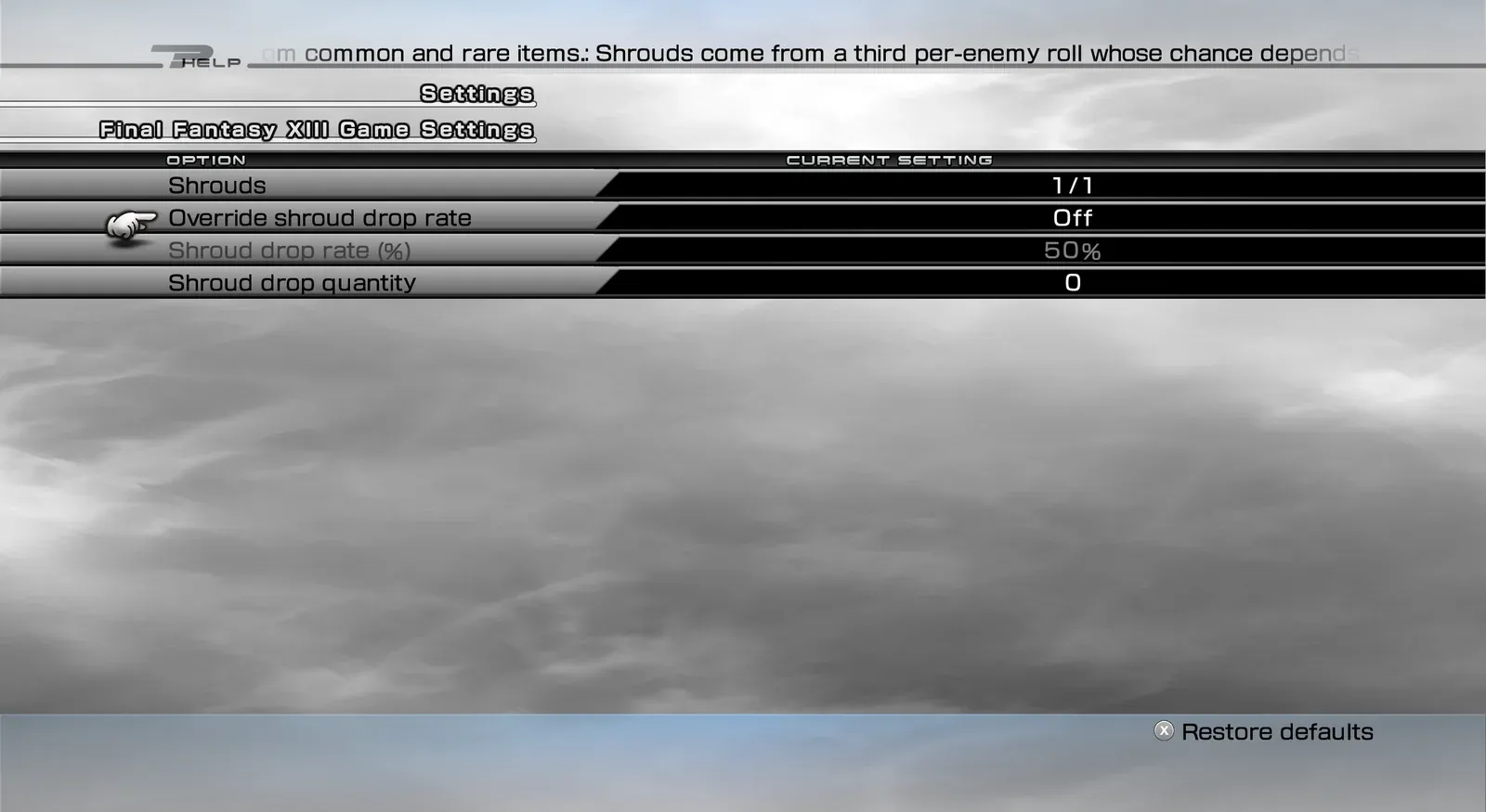 Shrouds page with an override for the shroud drop rate (off, 50%) and a shroud drop quantity setting.