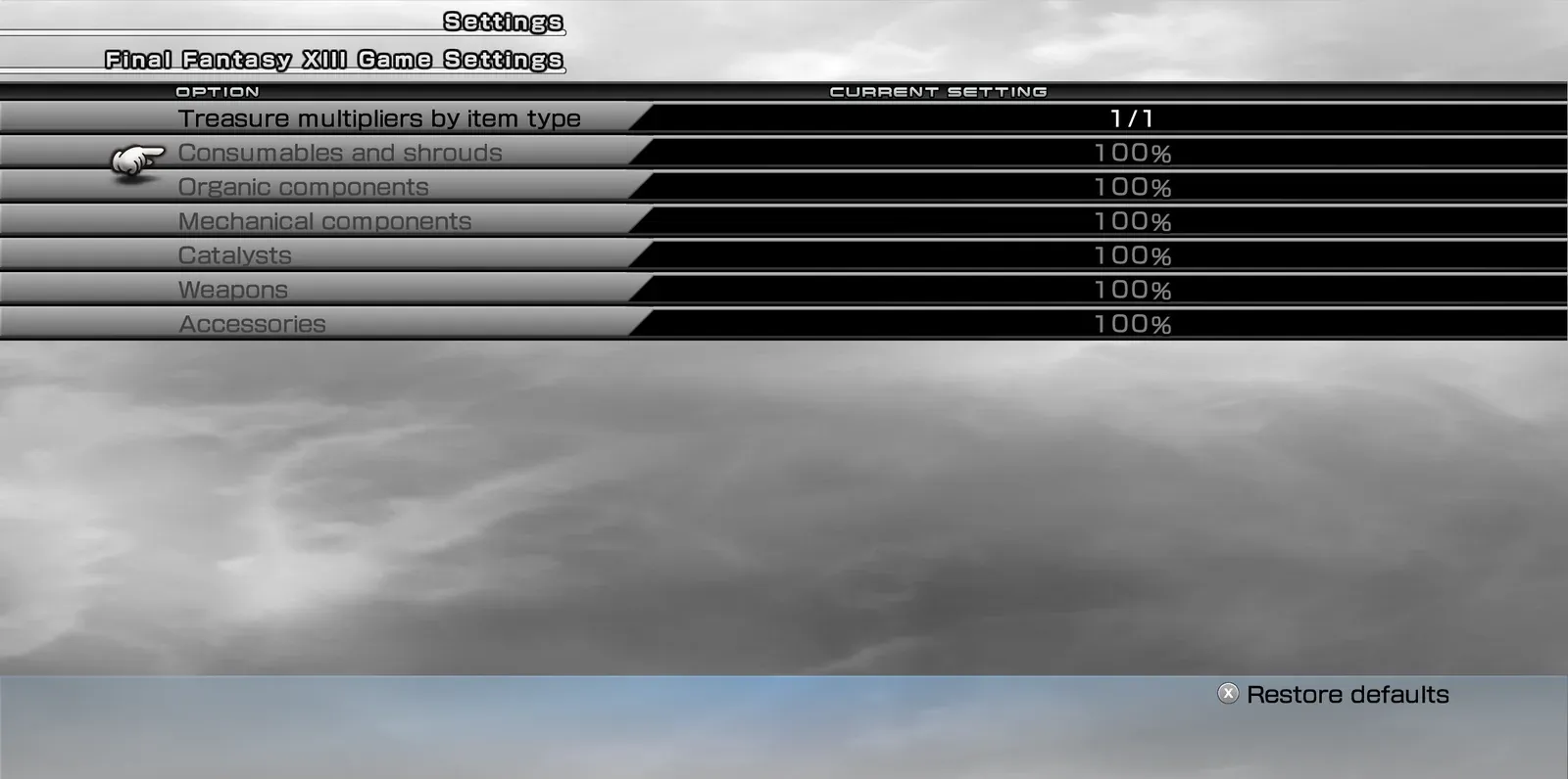 Treasure multipliers by item type page with separate multipliers for consumables and shrouds, organic components, mechanical components, catalysts, weapons and accessories, all at 100%.
