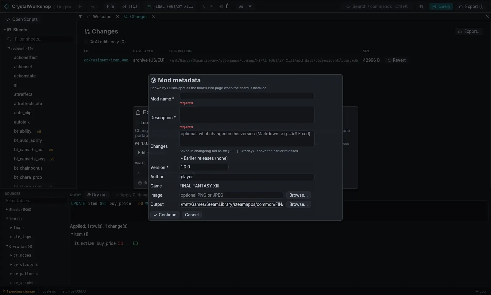 Export dialog with the Mod metadata form