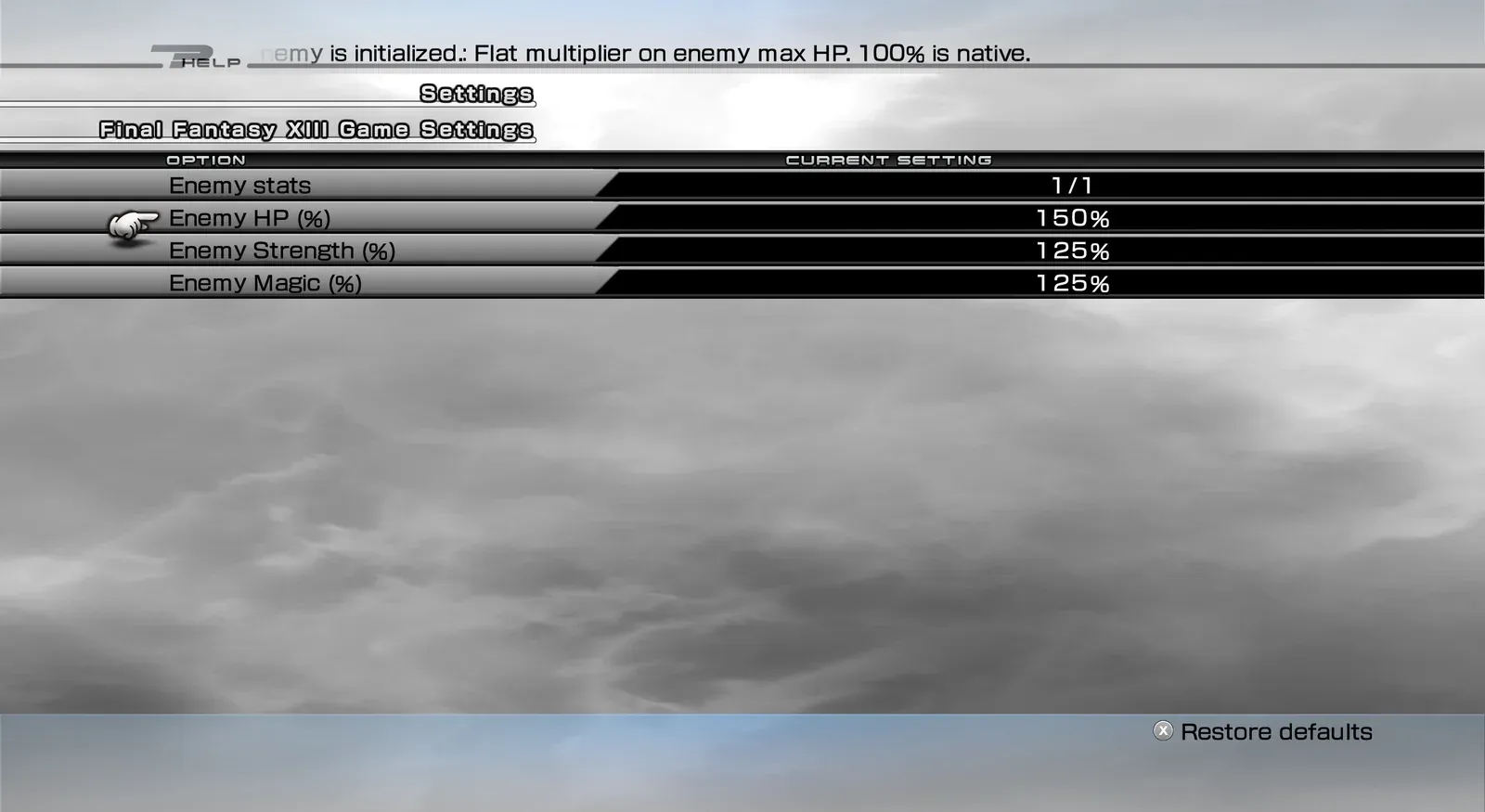 Enemy stats page with enemy HP at 150%, enemy Strength at 125% and enemy Magic at 125%.