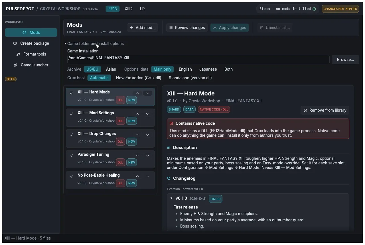 Game folder and install options, with the Crux host choice