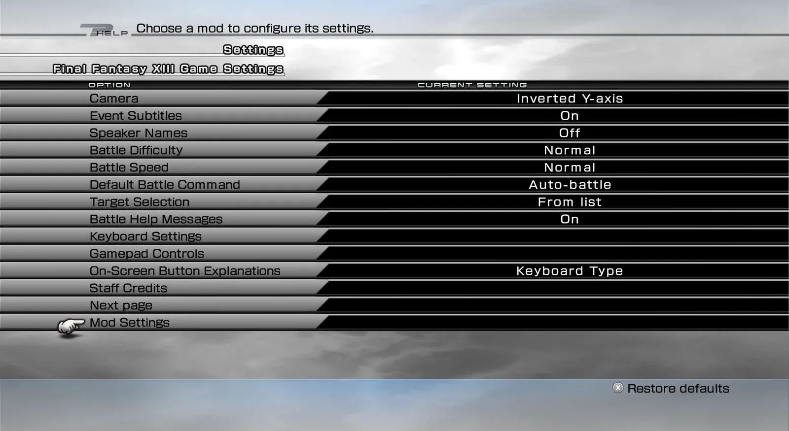 Final Fantasy XIII Settings menu with a new Mod Settings entry at the end of the list.