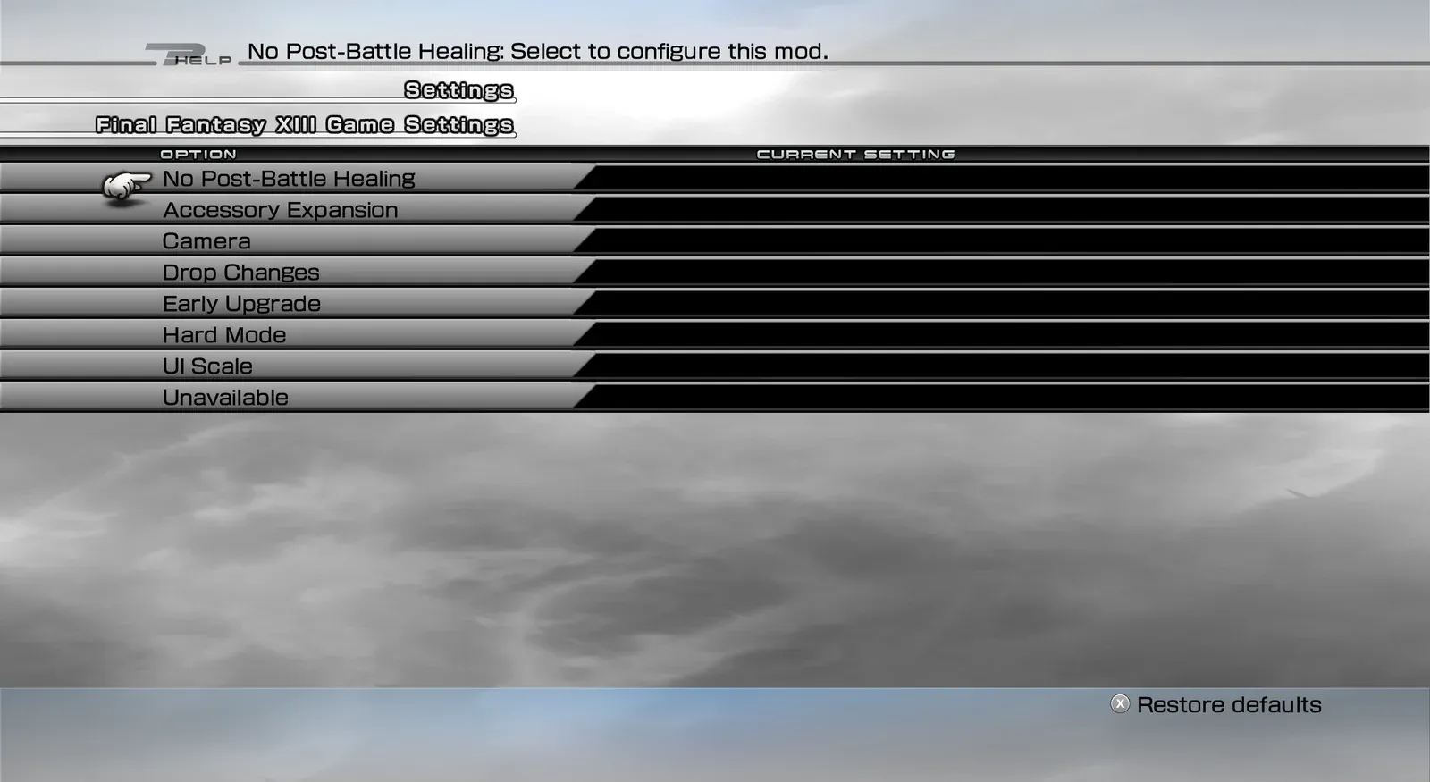 Mod Settings page listing installed mods, including No Post-Battle Healing, Accessory Expansion, Camera, Drop Changes, Early Upgrade, Hard Mode and UI Scale.