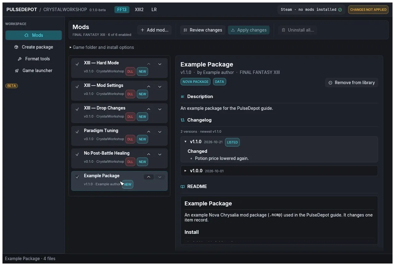 An example Nova Chrysalia package listed next to four shards