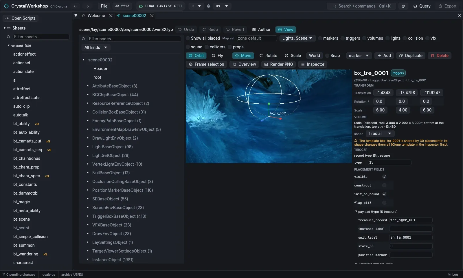 The scene editor with a treasure trigger selected and the move gizmo