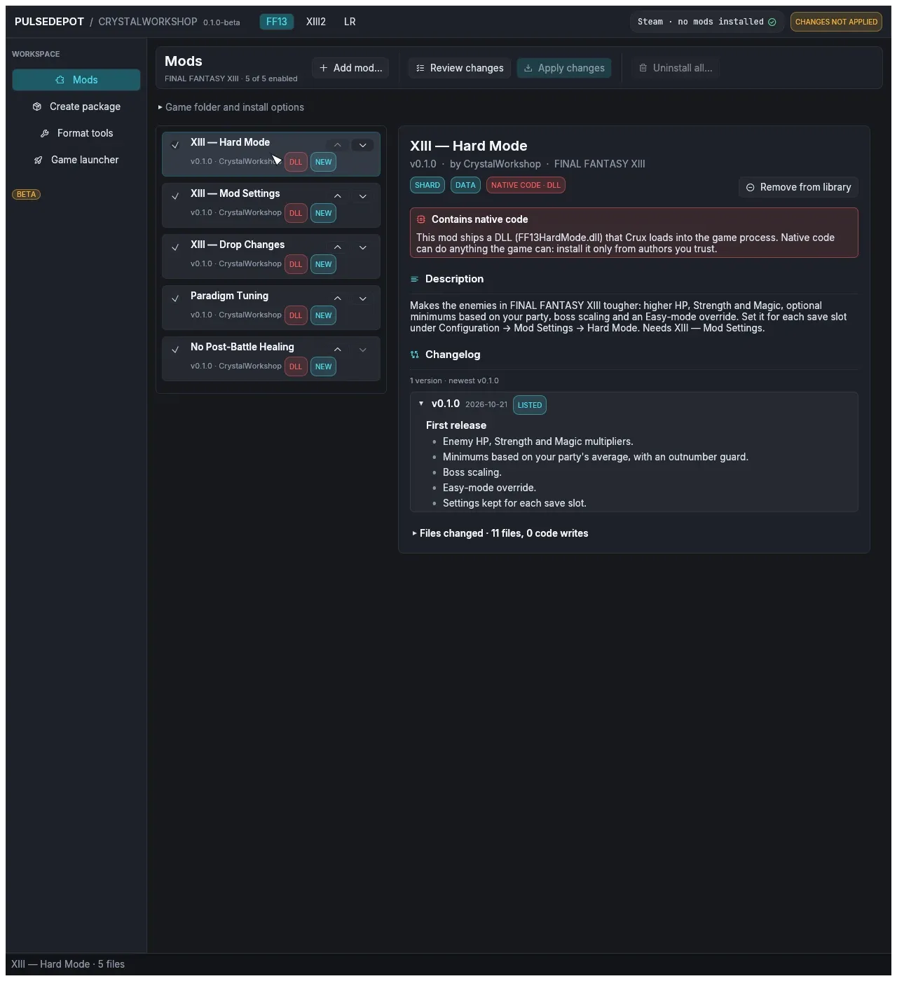 The details panel of a shard: badges, native-code notice, description and changelog
