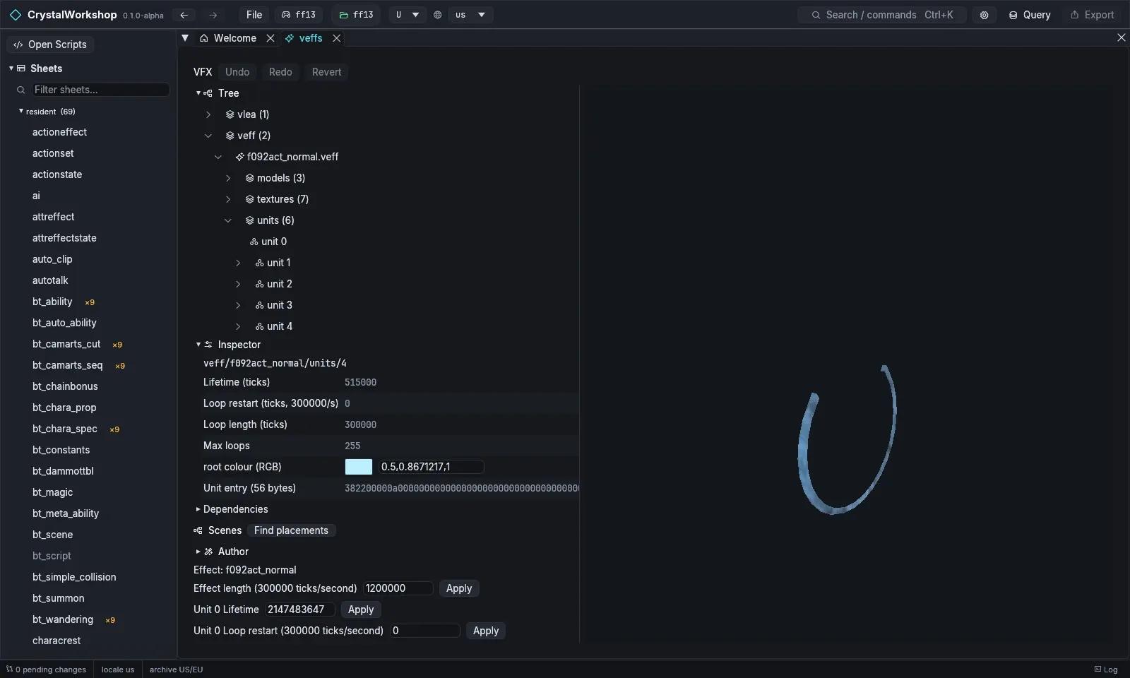 VFX tree, unit inspector and player