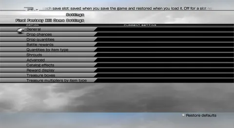 Final Fantasy XIII settings menu listing the Drop Changes categories: General, Drop chances, Drop quantities, Battle rewards, Quantities by item type, Shrouds, Advanced, Catalog effects, Reward display, Treasure boxes and Treasure multipliers by item type.