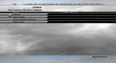 Final Fantasy XIII settings menu listing the Hard Mode categories: General, Enemy stats, Party-average minimums and Battle rules.