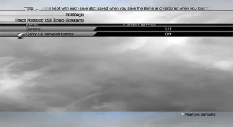 No Post-Battle Healing settings page with the option to carry HP between battles.