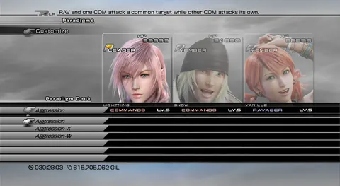 Paradigm Deck screen with Lightning and Snow as Commandos and Vanille as a Ravager, showing the paradigms Aggression, Aggression-X and Aggression-W; the help line explains how the Ravager and Commandos pick their targets.
